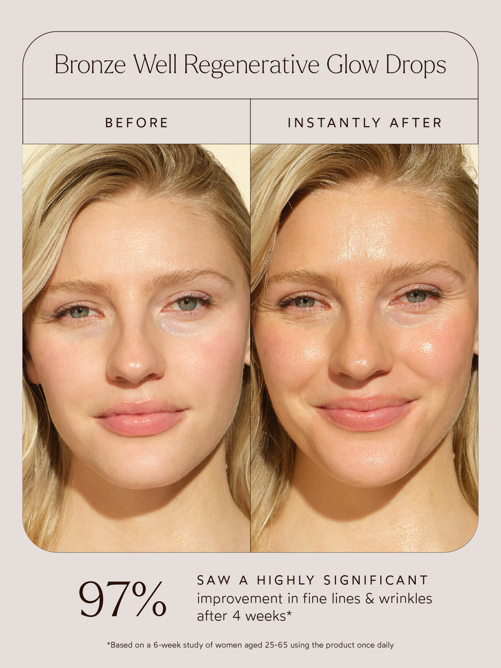 Before and after comparison showcasing the instant radiant glow and improved skin moisture achieved with True Botanicals Bronze Well Regenerative Glow Drops.