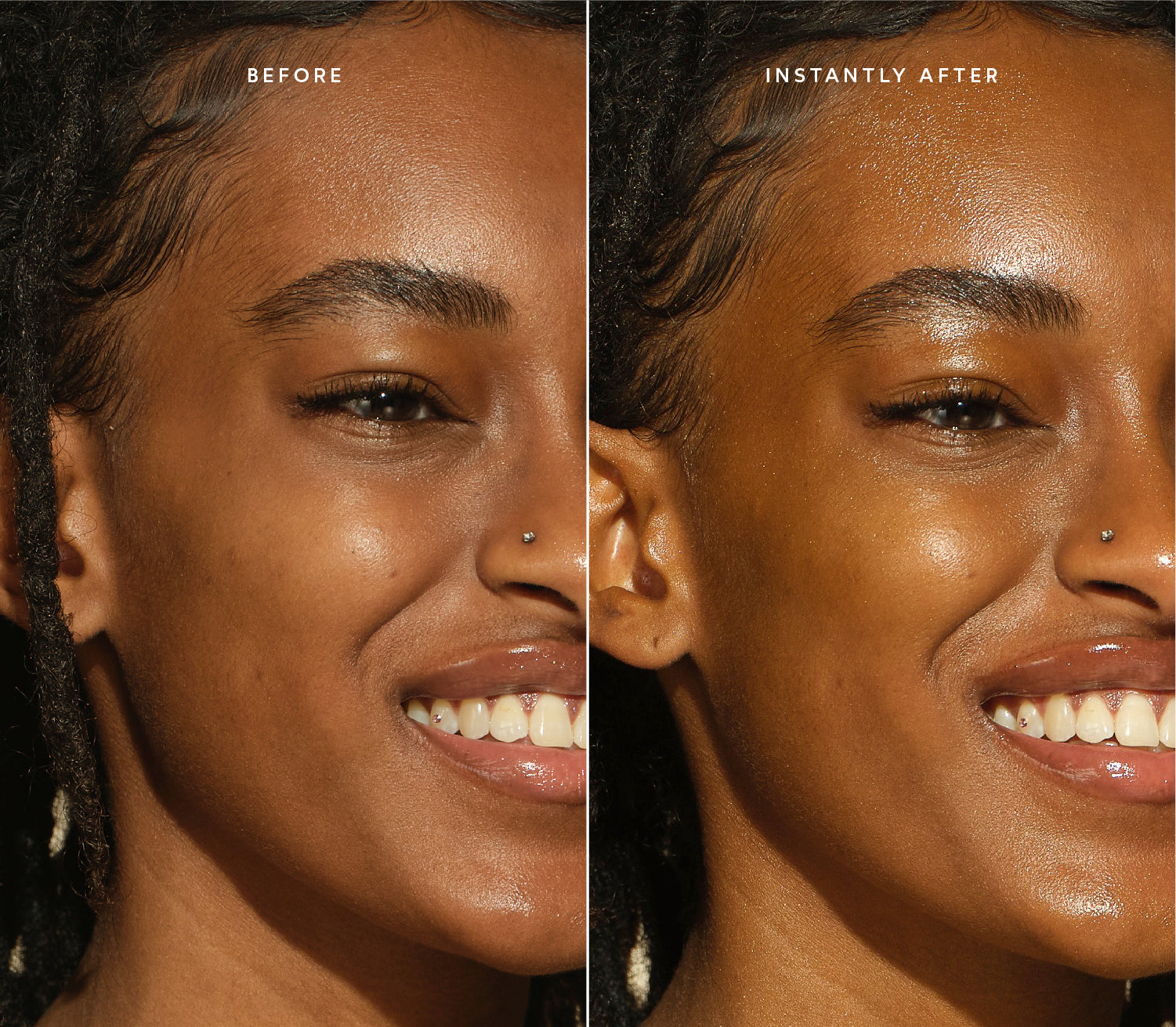 Before and after comparison showing brighter and glowing skin.