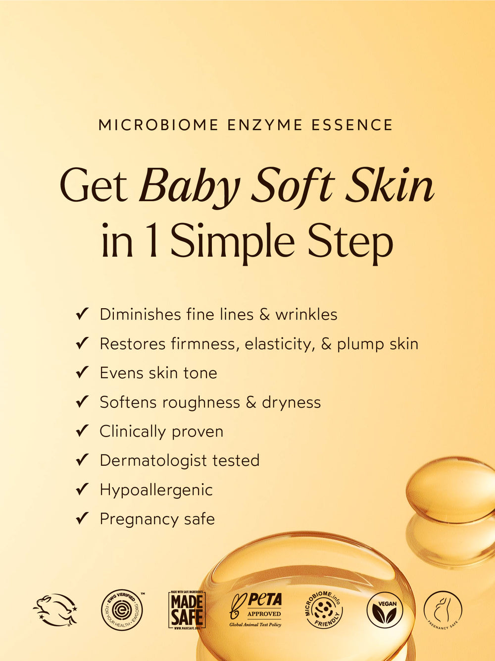 Microbiome Enzyme Essence benefits highlighted on a soft bubbly background.