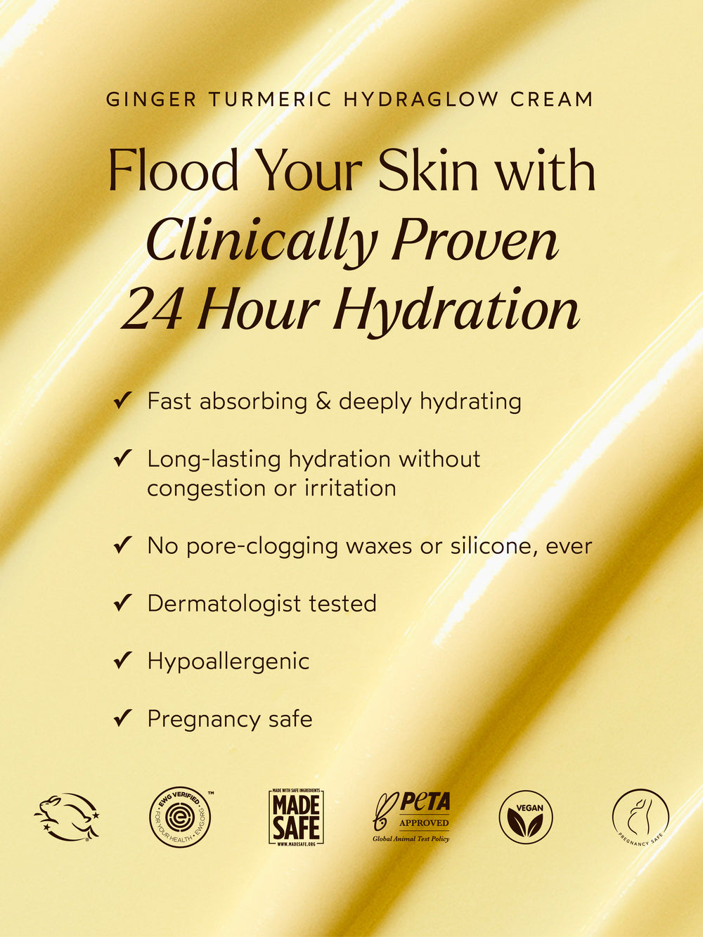 Ginger Turmeric Hydraglow Cream benefits highlighted on a soft yellow background, emphasizing its fast-absorbing, 24-hour hydration without pore-clogging waxes or silicones.