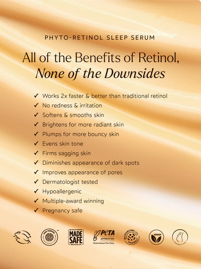 Phyto-Retinol Sleep Serum benefits highlighted on a warm, radiant background, emphasizing its retinol-like effects without irritation, including smoothing, brightening, and firming the skin.