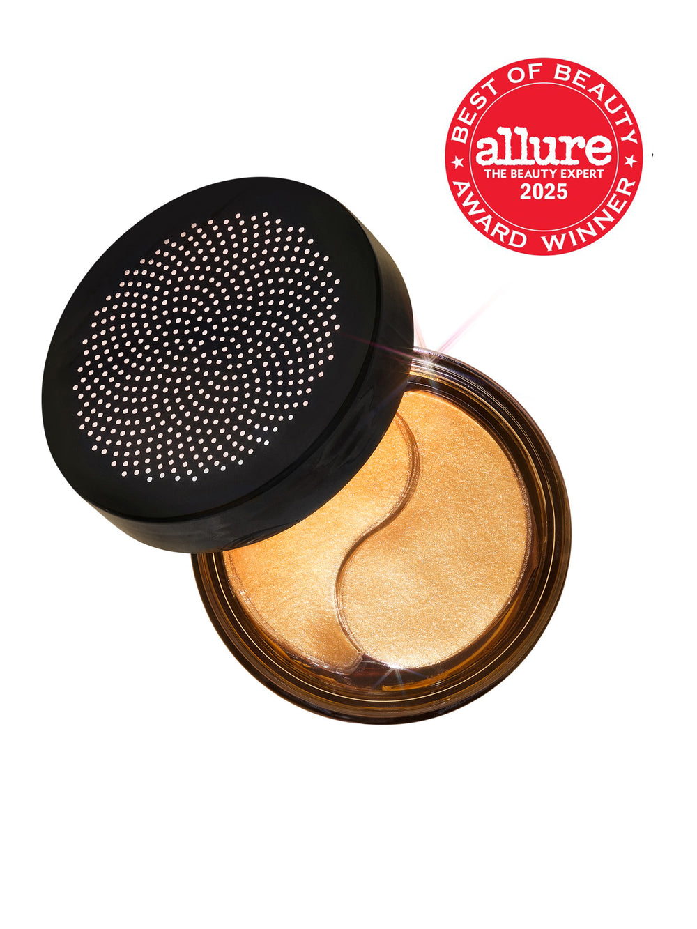 Open container of eye patches with black lid on a white background with Allure award badge.