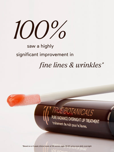 This image highlights the True Botanicals Pure Radiance Overnight Lip Treatment with a clinical claim: "100% saw a highly significant improvement in fine lines & wrinkles." The product is showcased with its applicator, which features a glossy peach-hued formula, suggesting rich hydration and targeted care. The clean design and clinical note at the bottom emphasize the product's efficacy, supported by a four-week study. This conveys a blend of luxury and science-backed results.